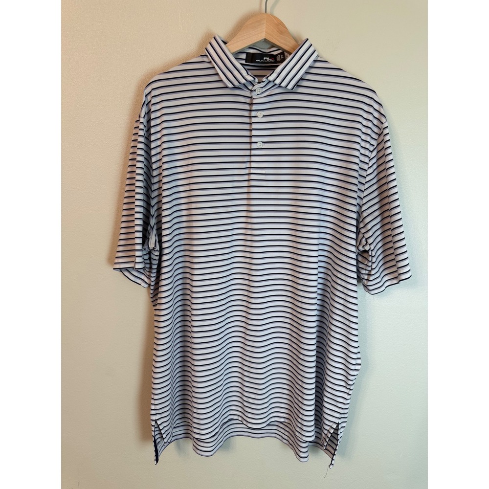 RLX Ralph Lauren Mens XXL Striped Golf Polo Shirt White Purple Blk Short Sleeve